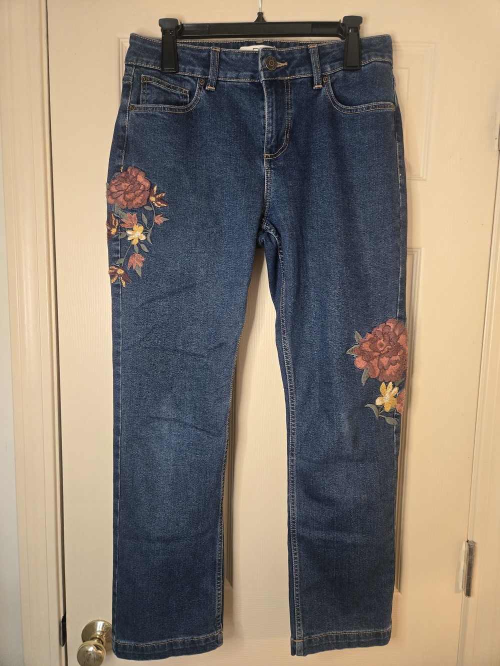 Dark Blue Straight Leg Jeans with Floral Embroidery